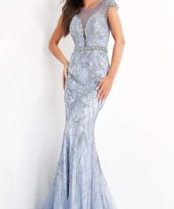 Jovani - 00883 Cap Sleeve Beaded Illusion Jewel Long Gown