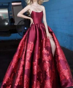 Jovani - 02038 Strapless Scoop Neck Floral Embroidered Gown