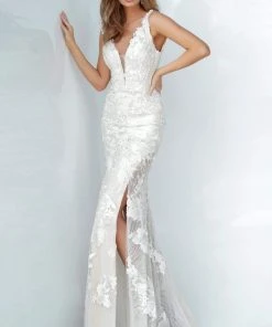 Jovani - 02444 Floral Embroidered Lace Deep V-neck Trumpet Dress