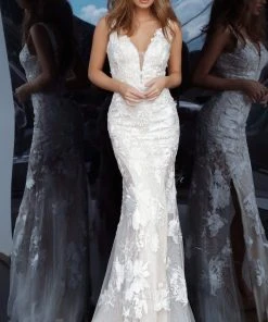 Jovani - 02444 Floral Embroidered Lace Deep V-neck Trumpet Dress