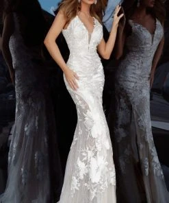 Jovani - 02444 Floral Embroidered Lace Deep V-neck Trumpet Dress