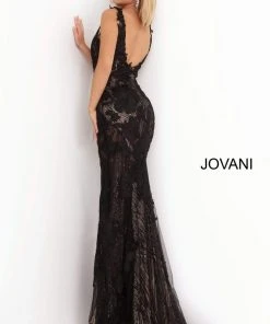 Jovani - 02444 Floral Embroidered Lace Deep V-neck Trumpet Dress