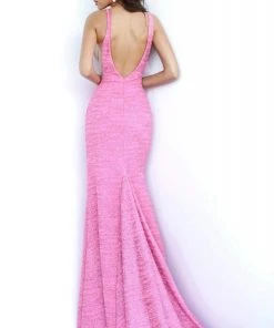 Jovani - 02472 V Neck Fitted Prom Dress With High Slit