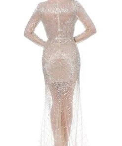 Jovani - 02497 Beaded Long Sleeve V Neck Trumpet Dress