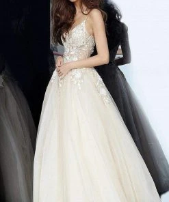 Jovani - 02758 Floral Applique Plunging V-neck Ballgown 12 Jovani - 02758 Floral Applique Plunging V-neck Ballgown