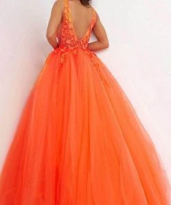 Jovani - 02840 Plunging Neck Floral Applique Tulle Ballgown