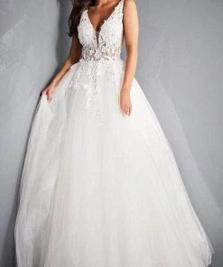 Jovani - 02840 Plunging Neck Floral Applique Tulle Ballgown