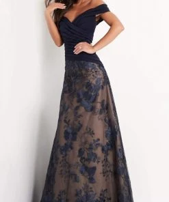 Jovani - 02852 Off Shoulder Pleated Bodice Embroidered Gown
