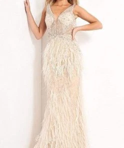 Jovani - 03023 Sheer Bodice Beaded Adorned Feather Fitted Evening Gown
