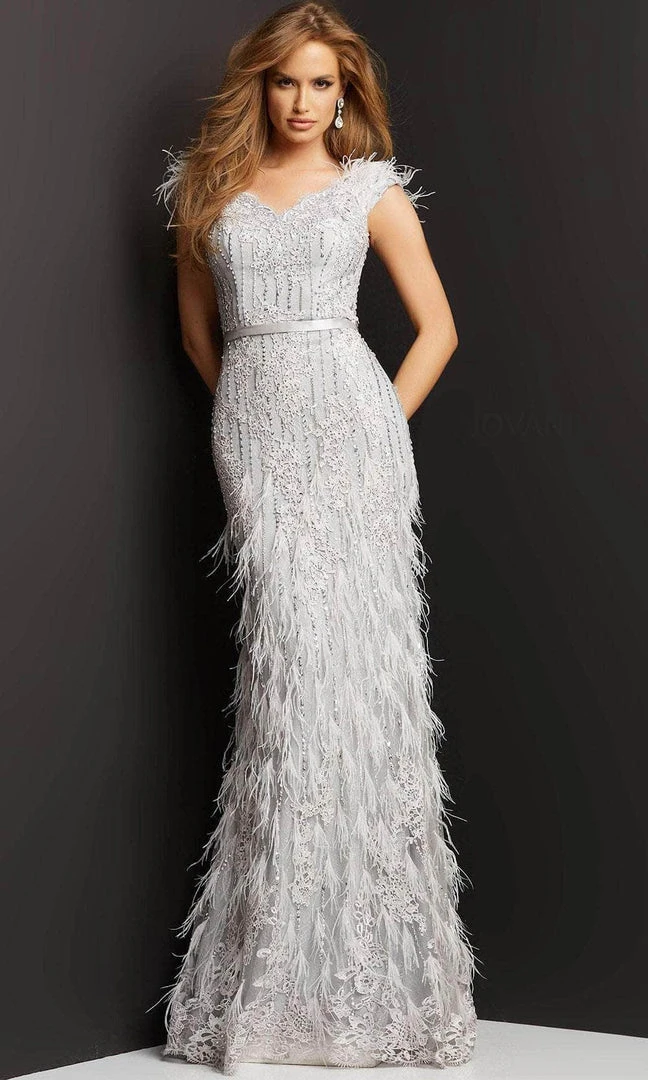 Jovani 03108 - V-Neck Feathered Evening Dress 3 Jovani 03108 - V-Neck Feathered Evening Dress