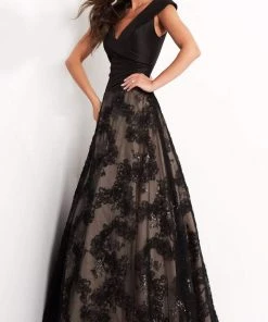 Jovani - 03330 Cap Sleeve V-Neck Soutache A-Line Gown