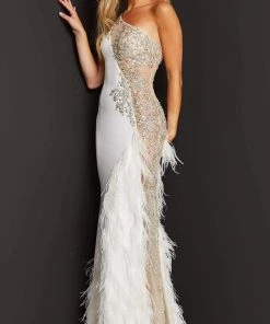 Jovani - 03389 Asymmetric Beaded Sheer Trumpet Gown