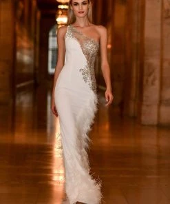 Jovani - 03389 Asymmetric Beaded Sheer Trumpet Gown