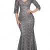 Jovani - 03426 Lace Wide V-Neck Trumpet Dress