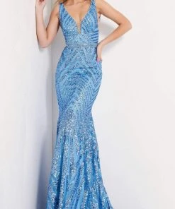 Jovani - 03570 Plunging Neck Shimmer Stripe Evening Gown