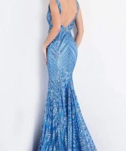 Jovani - 03570 Plunging Neck Shimmer Stripe Evening Gown