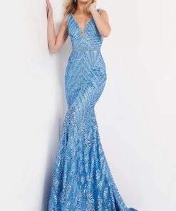 Jovani - 03570 Plunging Neck Shimmer Stripe Evening Gown