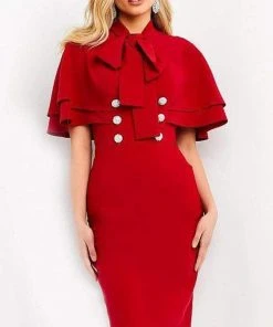 Jovani - 03813 Tied Neck Buttoned Knee Length Dress