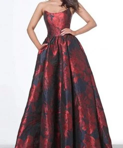 Jovani - 03931 Strapless Scoop Bodice Floral Satin Gown