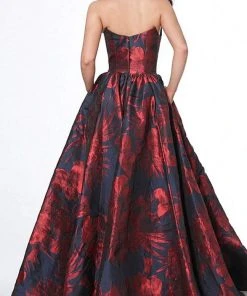 Jovani - 03931 Strapless Scoop Bodice Floral Satin Gown