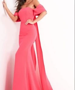 Jovani - 04350 Off Shoulder Crepe Evening Dress With Long Cape
