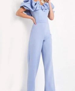 Jovani - 04369 Bubble Ruffle Off-Shoulder Scuba Jumpsuit