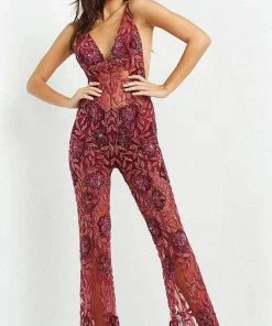 Jovani - 04402 V Neck See Through Beaded Jumpsuit