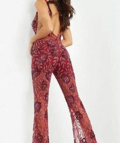 Jovani - 04402 V Neck See Through Beaded Jumpsuit 6 Jovani - 04402 V Neck See Through Beaded Jumpsuit