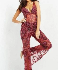 Jovani - 04402 V Neck See Through Beaded Jumpsuit 7 Jovani - 04402 V Neck See Through Beaded Jumpsuit