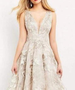 Jovani - 04442 Embroidered Fit And Flare Midi Dress