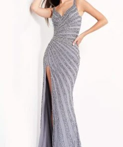 Jovani - 04539 Beaded V-Neck High Slit Gown