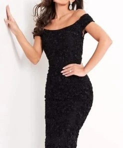 Jovani - 04763 Off-Shoulder Textured Lace Sheath Knee-Length Dress 11 Jovani - 04763 Off-Shoulder Textured Lace Sheath Knee-Length Dress