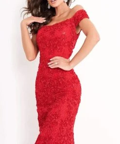 Jovani - 04763 Off-Shoulder Textured Lace Sheath Knee-Length Dress 14 Jovani - 04763 Off-Shoulder Textured Lace Sheath Knee-Length Dress