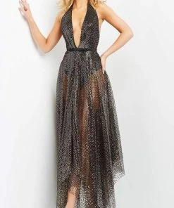 Jovani - 05068 Sheer Plunging Halter A-Line Dress