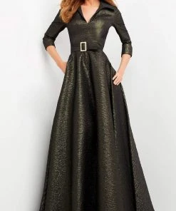 Jovani - 05075 Quarter Sleeve V-Neck Metallic Dress