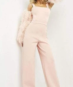 Jovani - 05505 Square Neck Fur Sleeve Jumpsuit