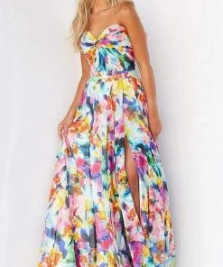 Jovani - 05589 Strapless Printed Slit A-line Gown