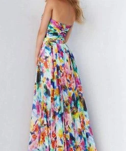 Jovani - 05589 Strapless Printed Slit A-line Gown