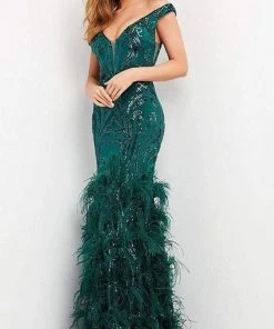 Jovani - 05660 Off Shoulder Sequined And Feathered Gown