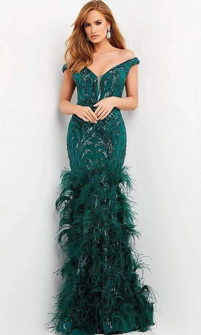 Jovani - 05660 Off Shoulder Sequined And Feathered Gown 5 Jovani - 05660 Off Shoulder Sequined And Feathered Gown