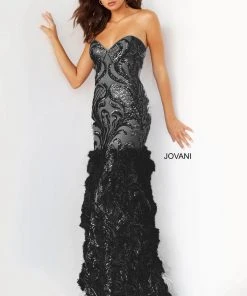 Jovani - 05667 Embellished Sweetheart Feathered Dress With Train