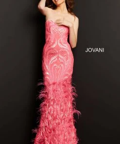 Jovani - 05667 Embellished Sweetheart Feathered Dress With Train