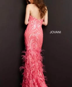 Jovani - 05667 Embellished Sweetheart Feathered Dress With Train