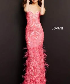 Jovani - 05667 Embellished Sweetheart Feathered Dress With Train