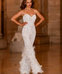 Jovani - 05669 Strapless Sweetheart Feathered Jumpsuit