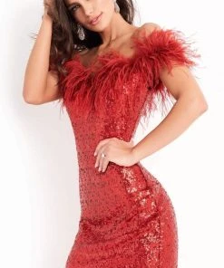 Jovani - 06167 Feathered And Sequined Off Shoulder Cocktail Dress 9 Jovani - 06167 Feathered And Sequined Off Shoulder Cocktail Dress