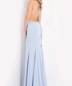 Jovani - 06209 V-Neck Backless High Slit Studded Jersey Evening Dress