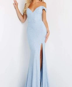 Jovani - 06281 Off Shoulder Lattice Glitter Gown