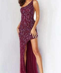 Jovani 06346 - Asymmetric Beaded Slit Prom Gown