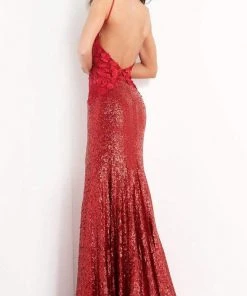 Jovani - 06426 Plunging Neckline Floral Appliques Sequin Gown